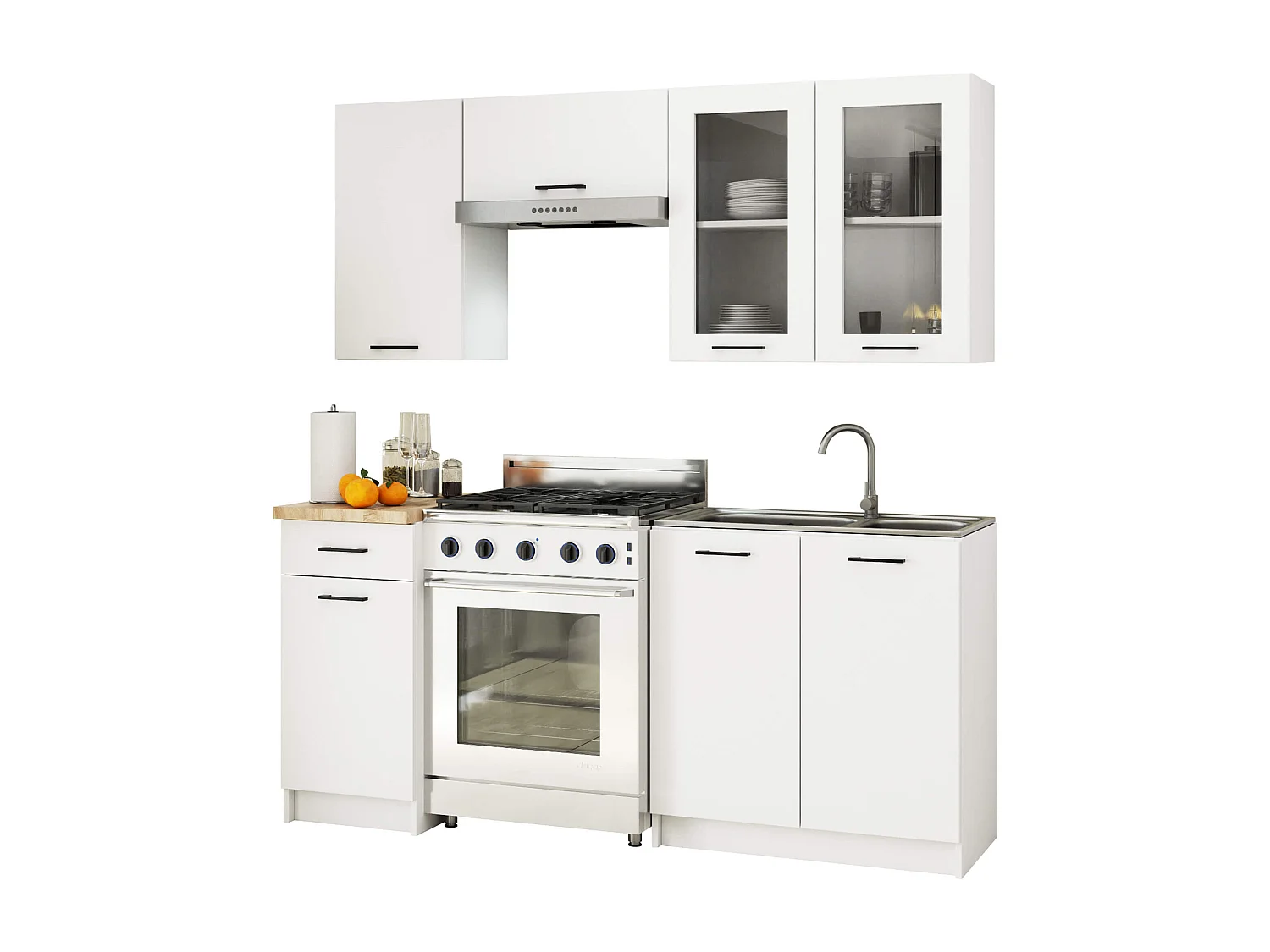 Ensemble de cuisine vitré AKORD OLIWIA 1.8m H720 Blanc 180 cm 7 portes 1 tiroir 8 étagères 180x46x203 cm