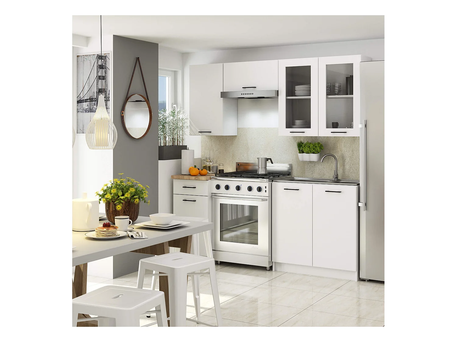 Küchenmöbel-Set OLIWIA 1.8m Modulares Weiß 180 cm 7 Türen 1 Schublade 8 Regalböden B180xH203xT46 cm