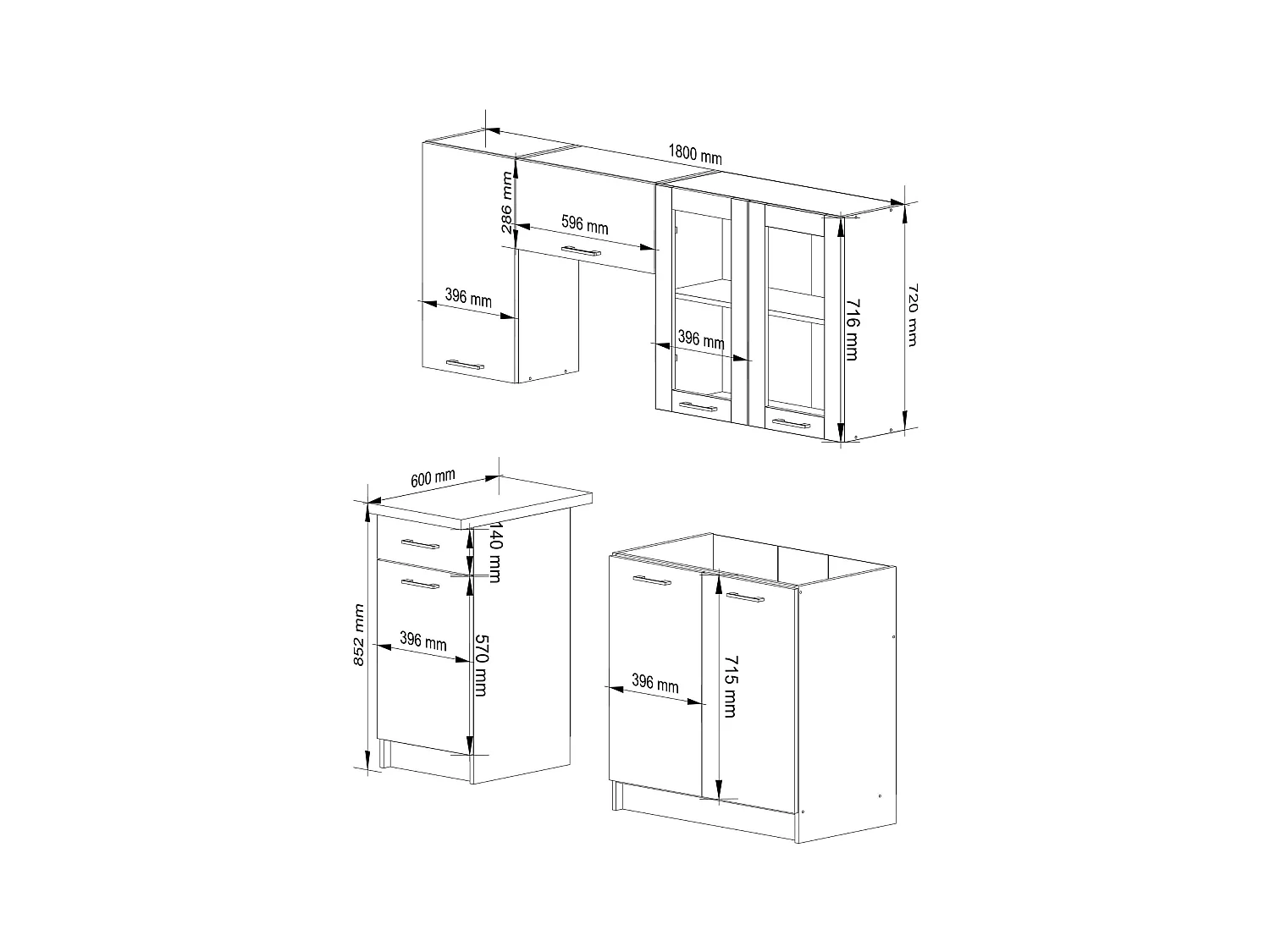 Küchenmöbel-Set OLIWIA 1.8m Modulares Weiß 180 cm 7 Türen 1 Schublade 8 Regalböden B180xH203xT46 cm