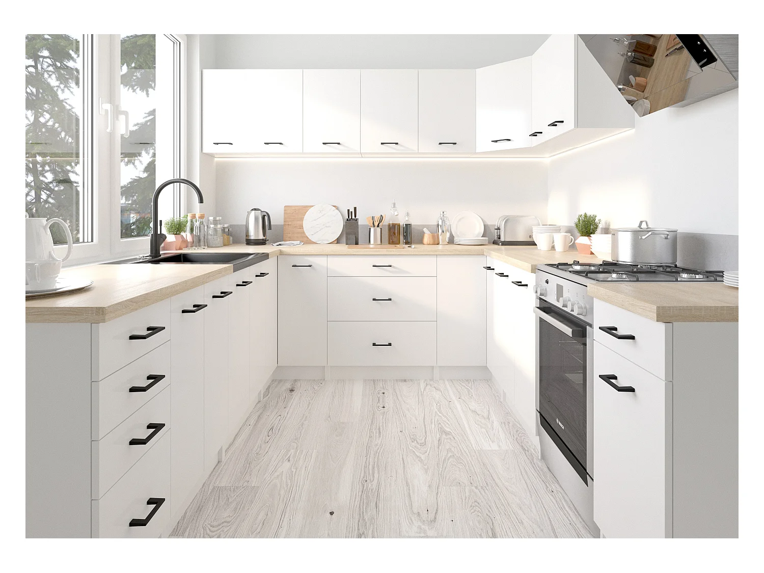 Küchenmöbel-Set OLIWIA 1.8m Modulares Weiß 180 cm 7 Türen 1 Schublade 8 Regalböden B180xH203xT46 cm