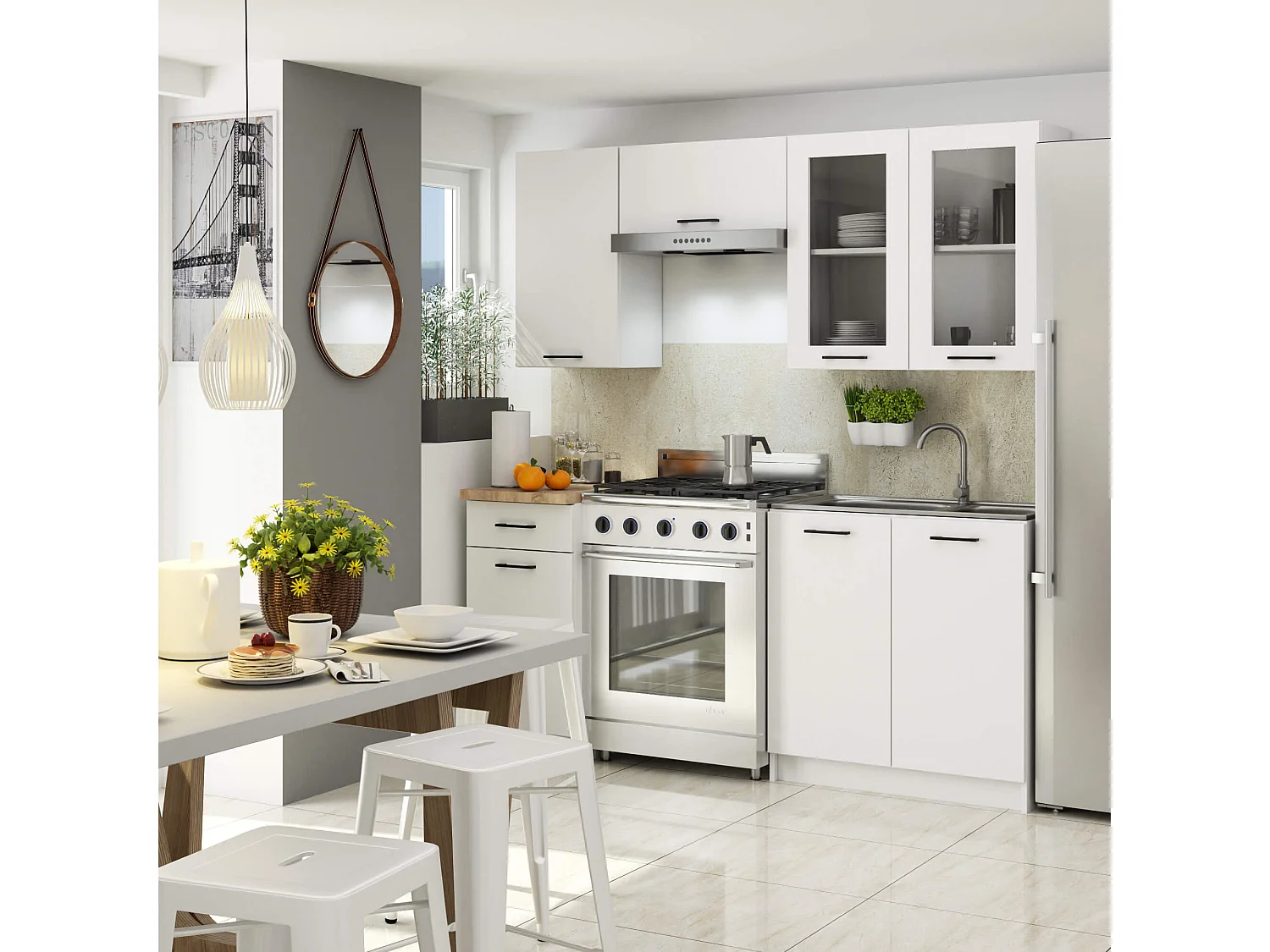 Oliwia Keukenkastenset met Vitrinekast - Mat Wit & Sonoma Eiken Dekblad, 180cm Breed, Zelfmontage, Stijlvol & Functioneel Keukenmeubilair