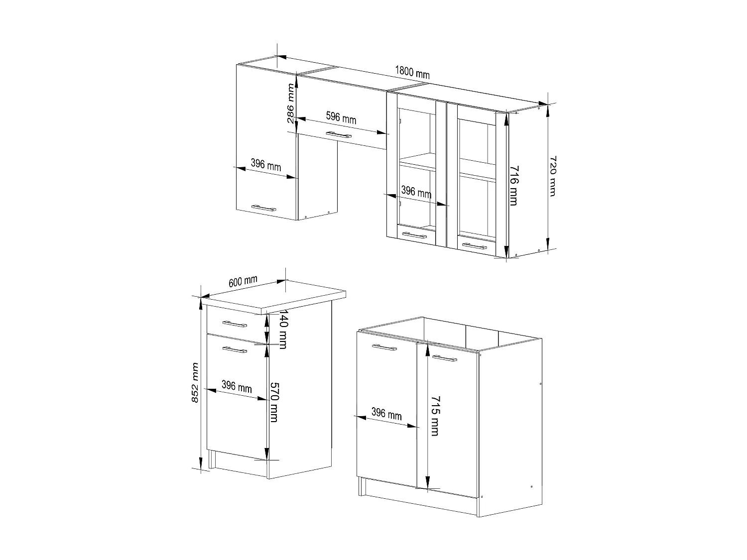 Küchenmöbel-Set OLIWIA 1.8m Modulares Beton 180 cm 7 Türen 1 Schublade 8 Regalböden B180xH203xT46 cm