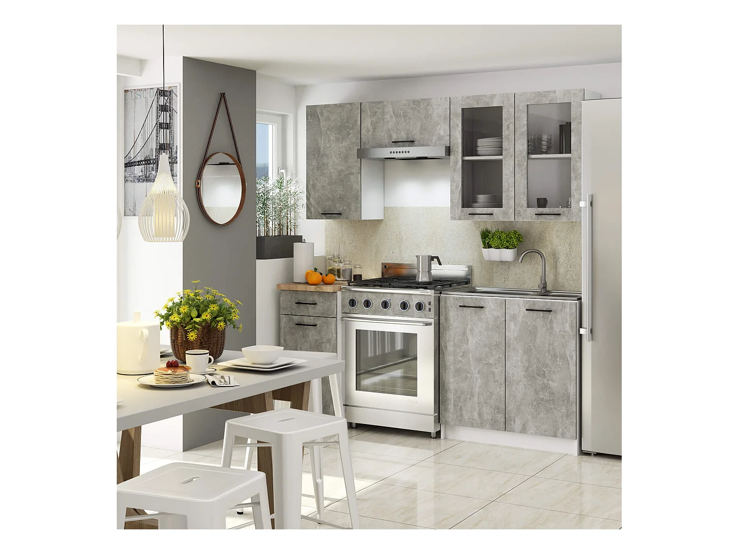 Ensemble de cuisine vitré AKORD OLIWIA 1.8m H720 Blanche 180 cm 7 portes 1 tiroir façade Béton 8 étagères 180x46x203 cm
