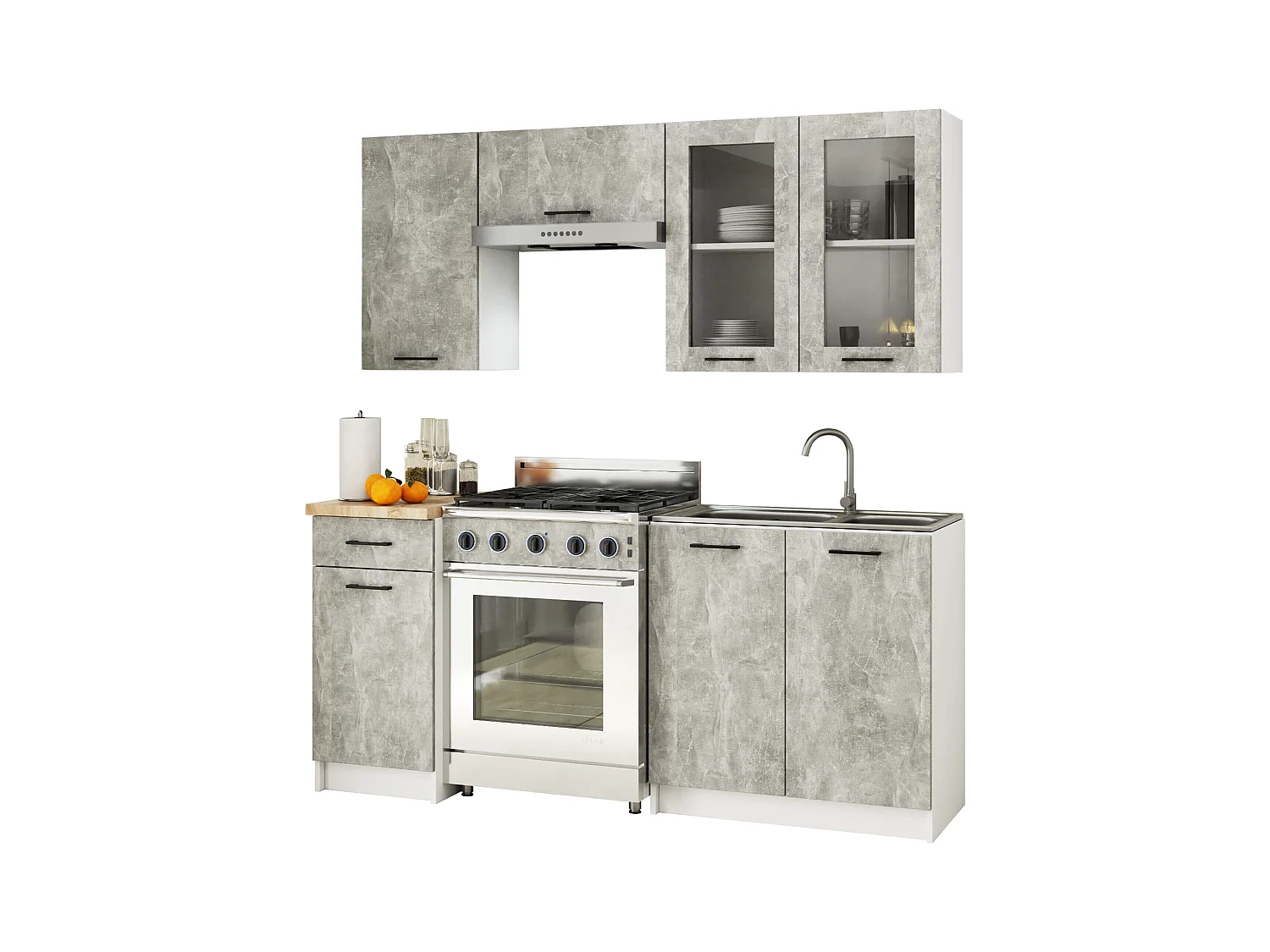 Ensemble de cuisine vitré AKORD OLIWIA 1.8m H720 Blanche 180 cm 7 portes 1 tiroir façade Béton 8 étagères 180x46x203 cm