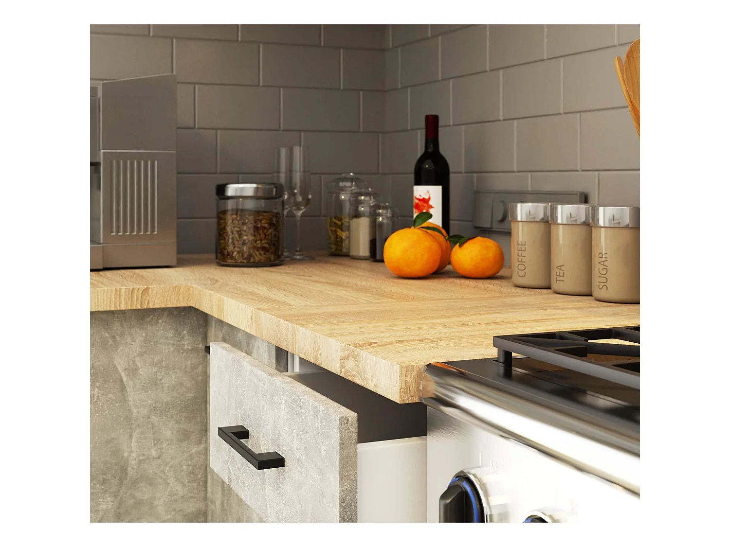 Ensemble de cuisine vitré AKORD OLIWIA 1.8m H720 Blanche 180 cm 7 portes 1 tiroir façade Béton 8 étagères 180x46x203 cm