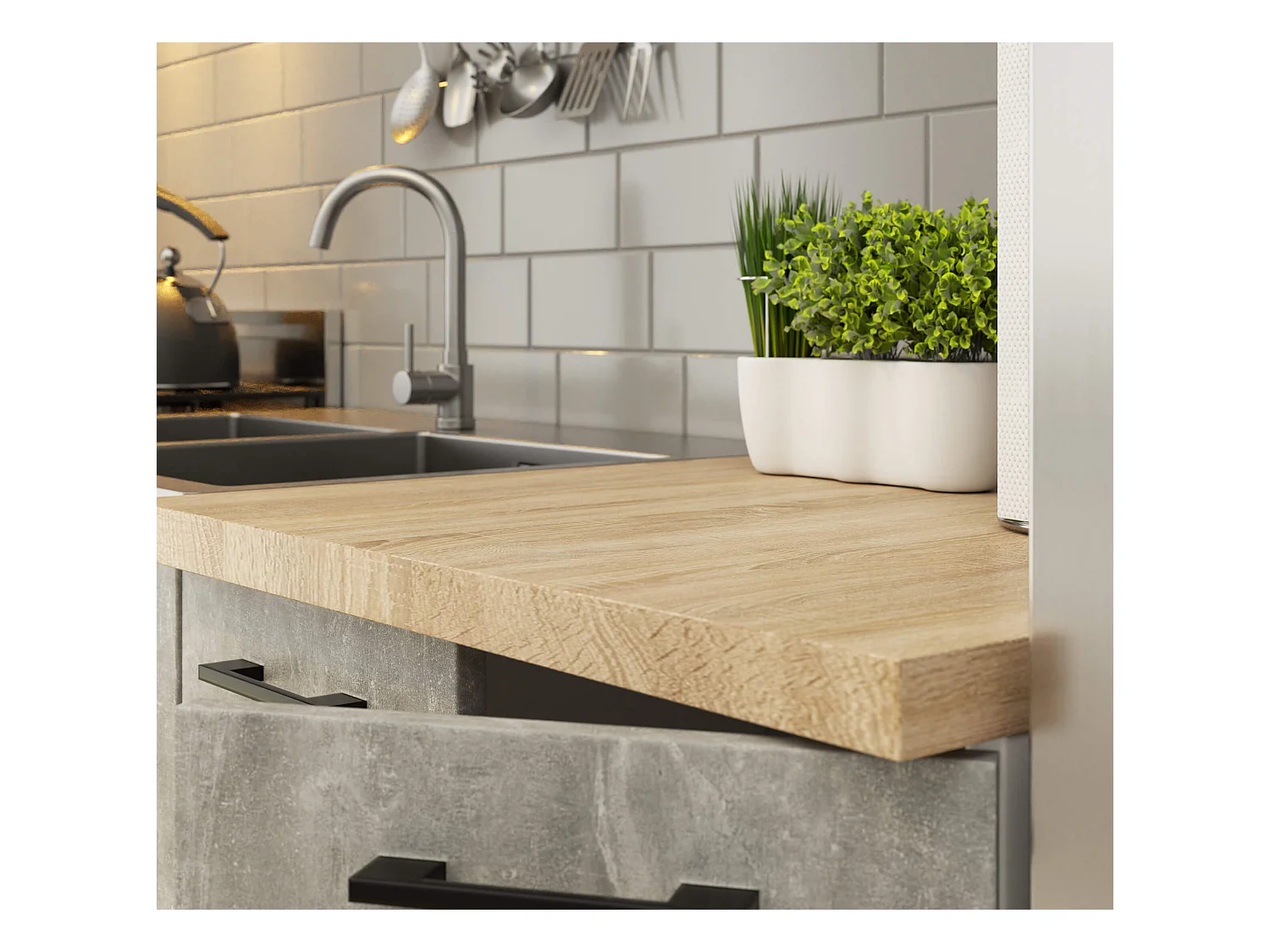 Ensemble de cuisine vitré AKORD OLIWIA 1.8m H720 Blanche 180 cm 7 portes 1 tiroir façade Béton 8 étagères 180x46x203 cm