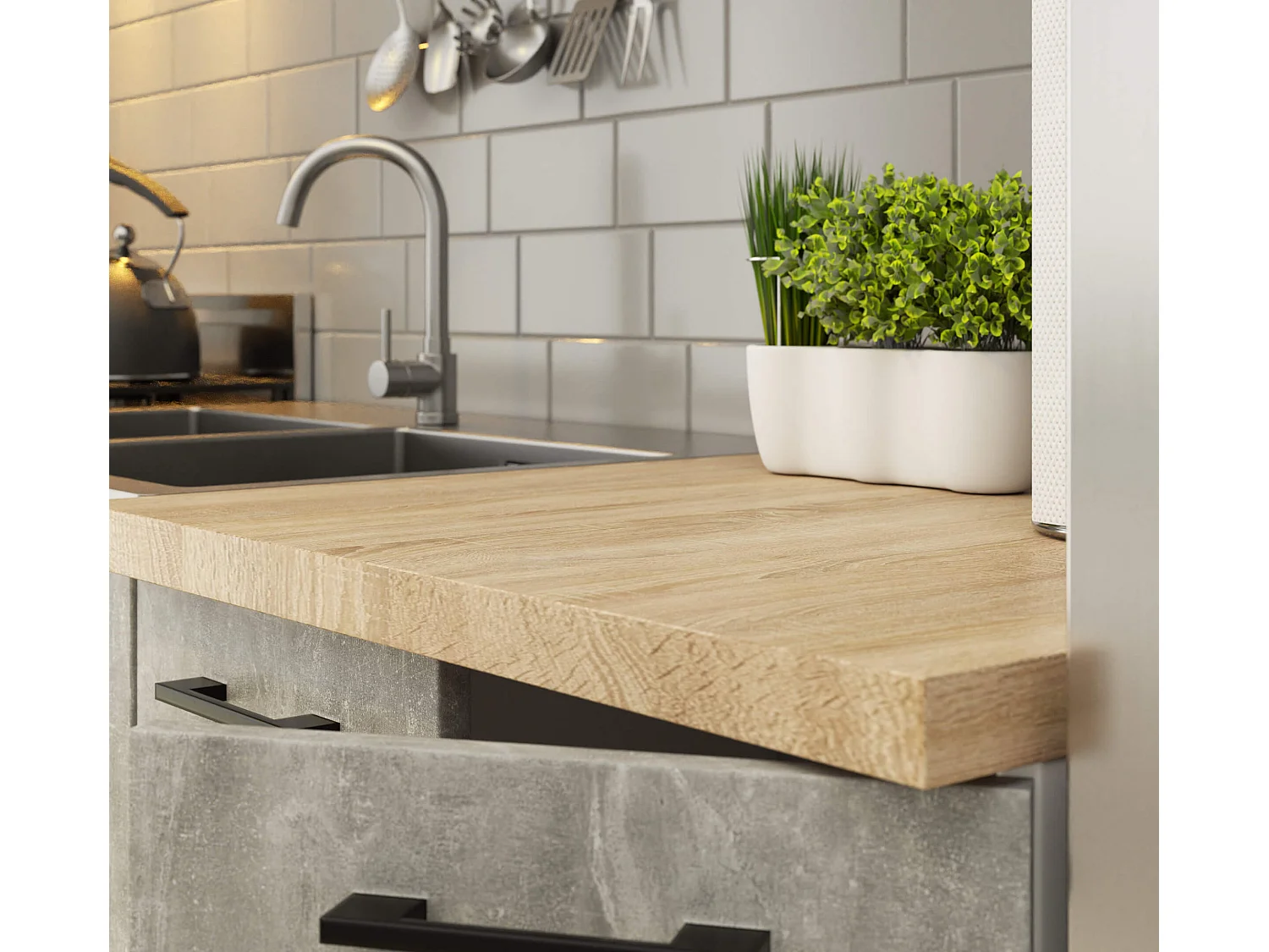 Complete Keuken, Keukenmeubelset OLIWIA H720 met Verkblad 180 cm breed met Vitrinekast / Keukeneenheid zonder apparatuur / Beton Grijs / 180 x 203 x 46 cm