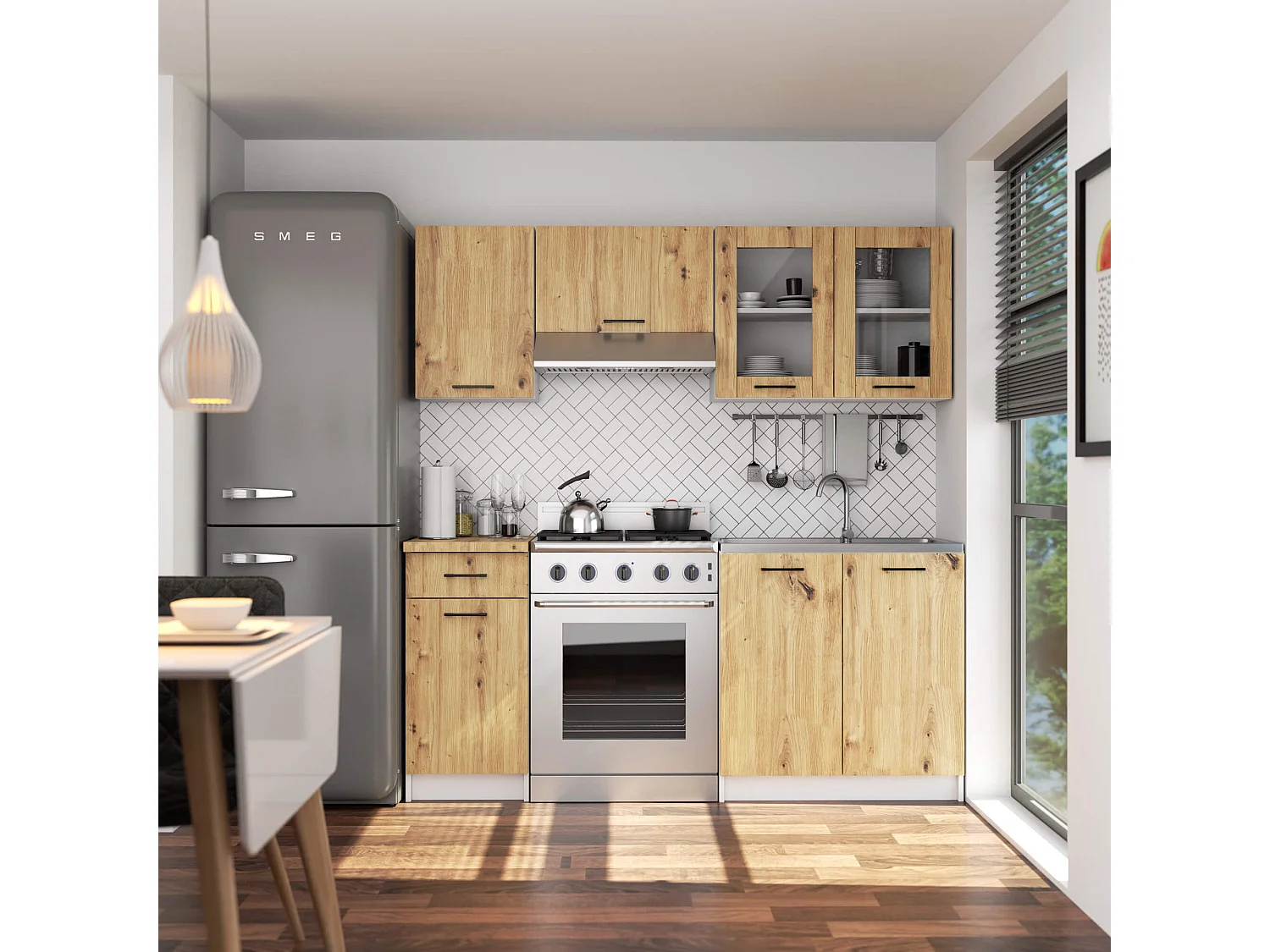 Szafka kuchenna wisząca witryna AKORD OLIWIA W80 Biała 80 cm 2 drzwi kolor Dąb Artisan mat 2 półki 80x30,5x58 cm