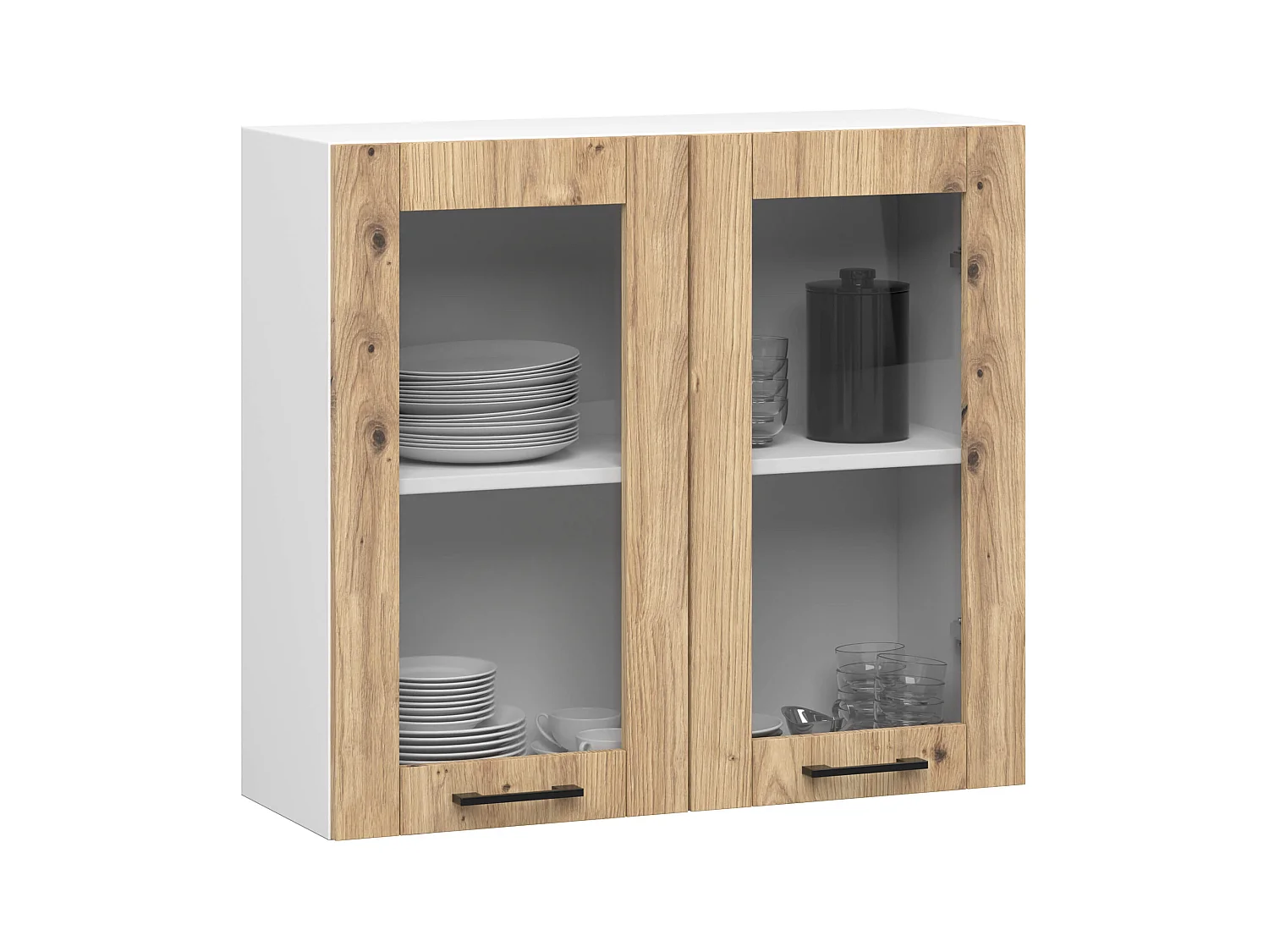 Vitrine de cuisine AKORD OLIWIA W80 H720 Blanche 80 cm 2 portes façade Chêne Artisan 2 étagères 80x30,5x72 cm