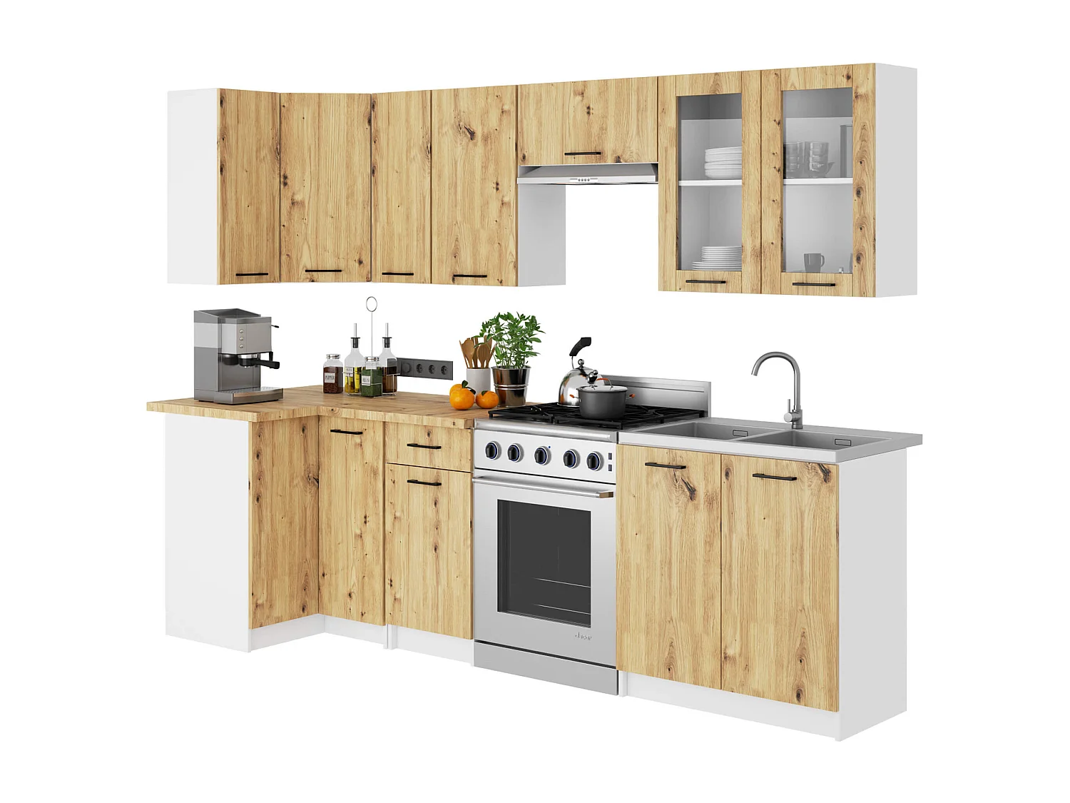 Vitrine de cuisine AKORD OLIWIA W80 H720 Blanche 80 cm 2 portes façade Chêne Artisan 2 étagères 80x30,5x72 cm