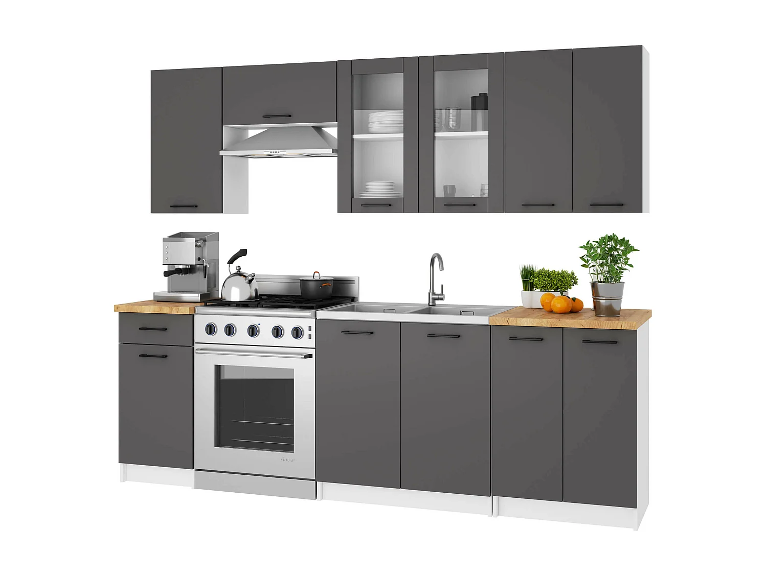 Küchenvitrine Weiß 80 cm 2 Türen Front Graphitgrau 2 Regalböden B80xH30,5xT72 cm