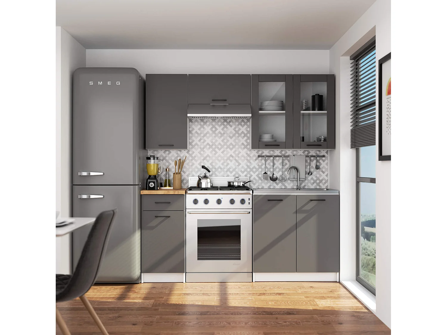 Vitrine de cuisine AKORD OLIWIA W80 H720 Blanche 80 cm 2 portes façade Gris Graphite 2 étagères 80x30,5x72 cm