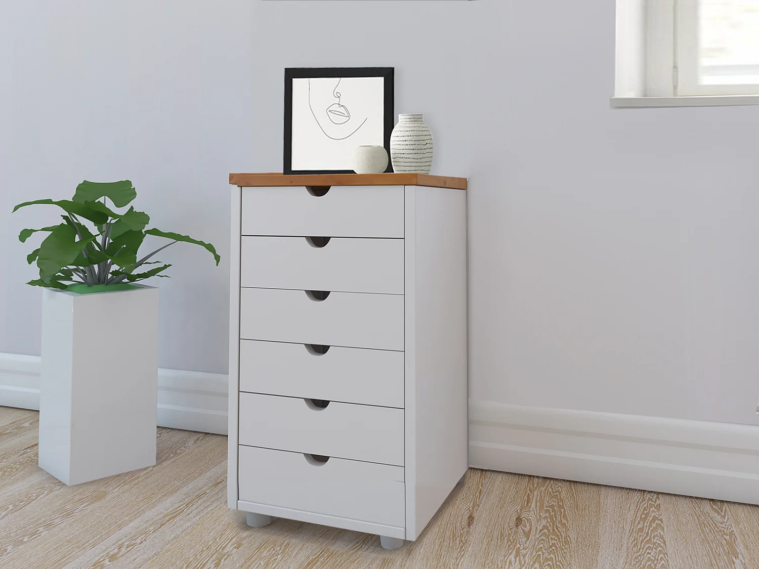 Comò con 6 cassetti in pino bianco e natura