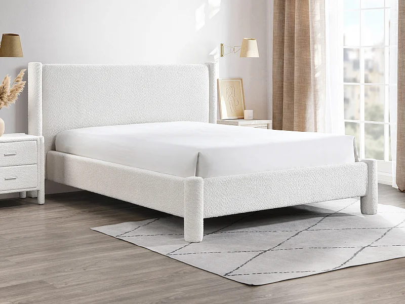 Bett + Matratze - 140 x 190 cm - Bouclé-Stoff - Weiß - CONOMO