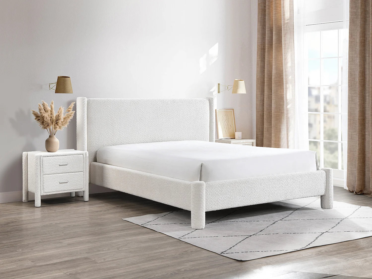 Lit 140 x 190 cm - Tissu bouclette - Blanc + Matelas - CONOMO