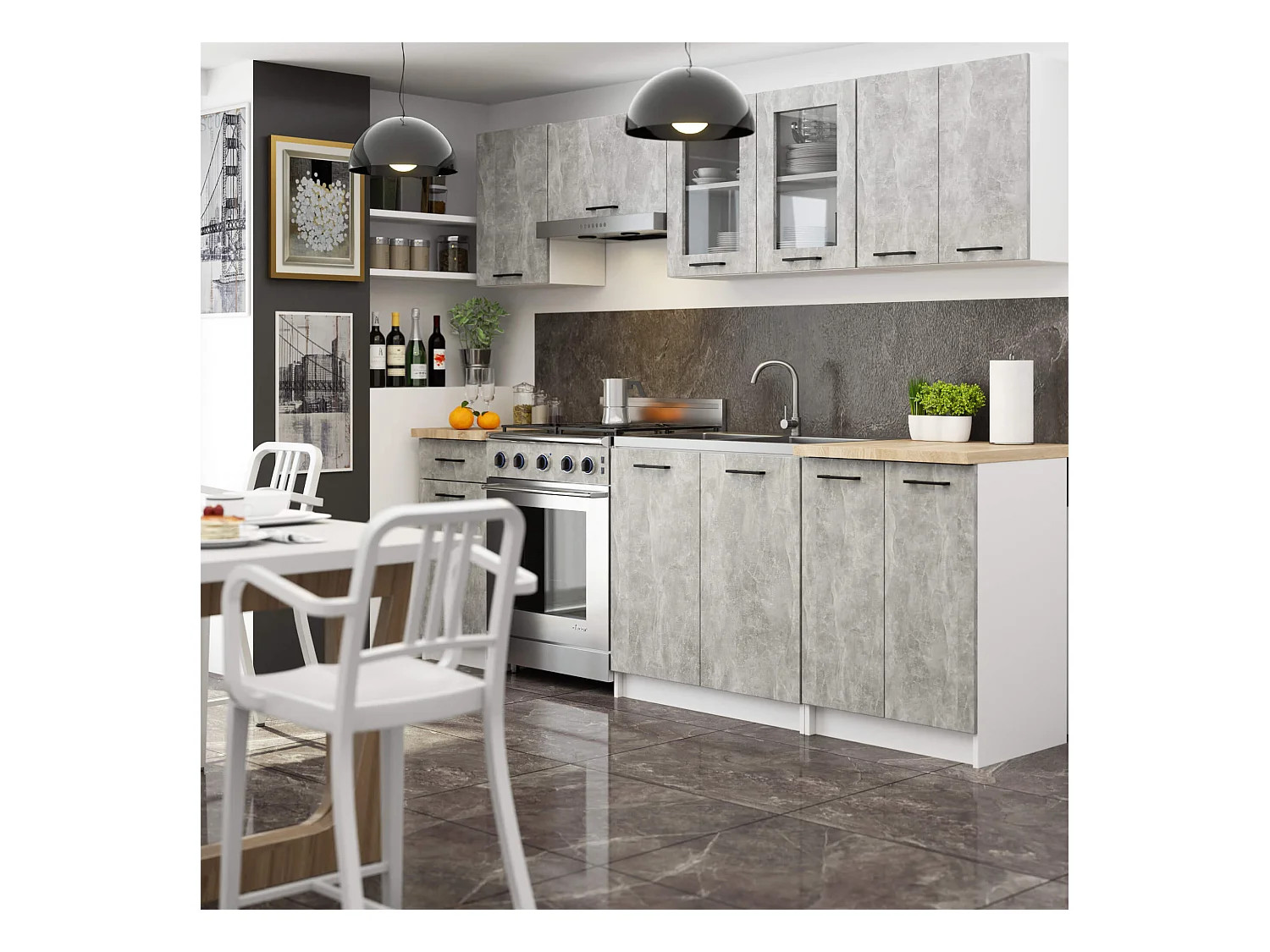 Cocina modular con vitrina 240 cm OLIWIA Gris hormigón 11 puertas 1 cajón 240x46x203 cm