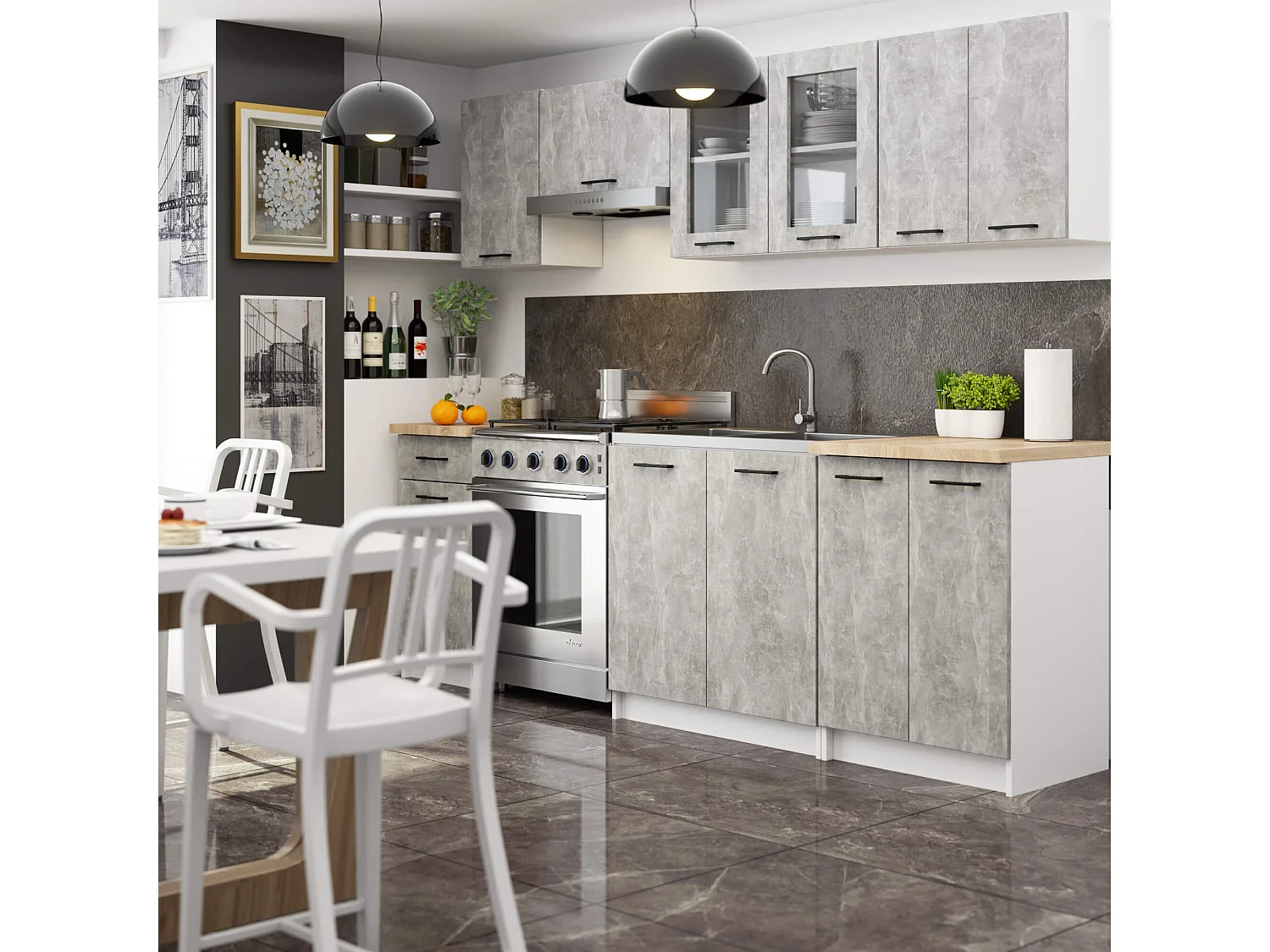 Küchenmöbel-Set OLIWIA 2.4m Modulares Beton 240 cm 11 Türen 1 Schublade B240xH203xT46 cm