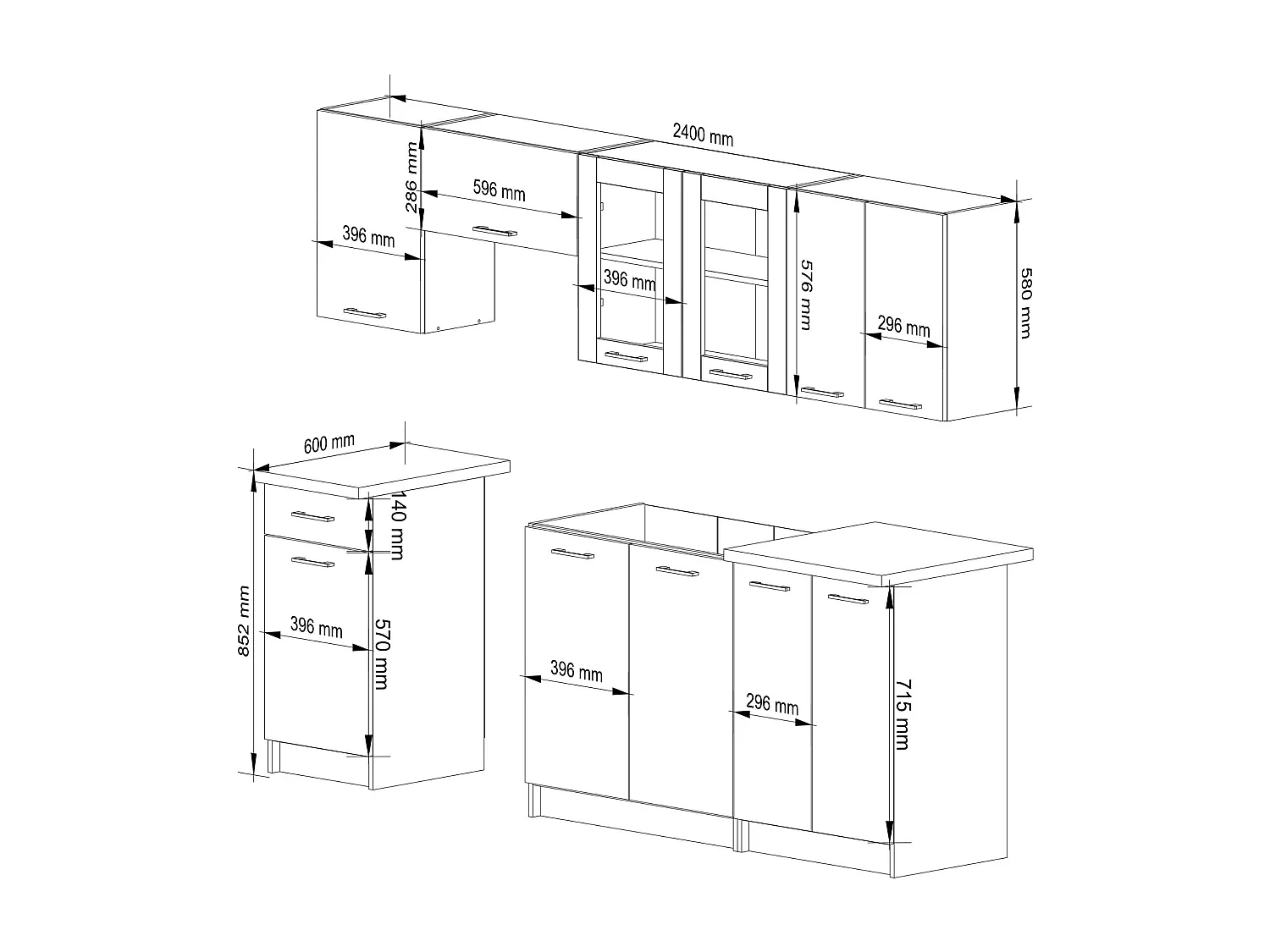 Küchenmöbel-Set OLIWIA 2.4m Modulares Beton 240 cm 11 Türen 1 Schublade B240xH203xT46 cm