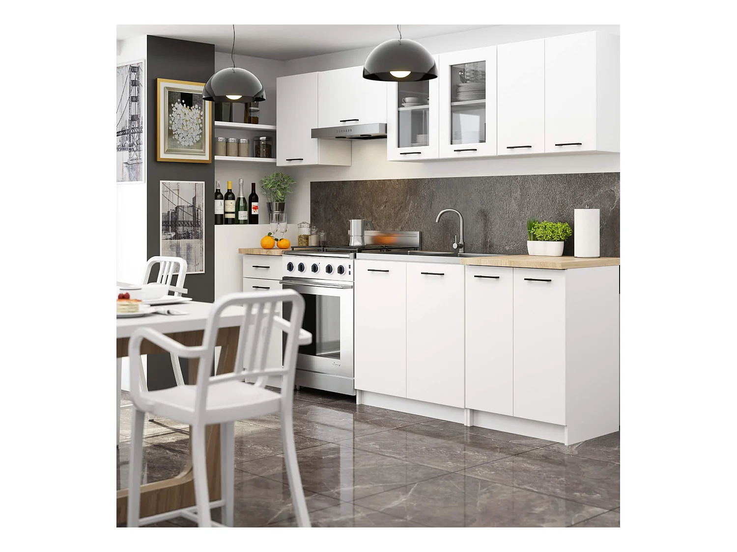 Cocina modular con vitrina 240 cm AKORD OLIWIA Blanco 11 puertas 1 cajón 240x46x203 cm