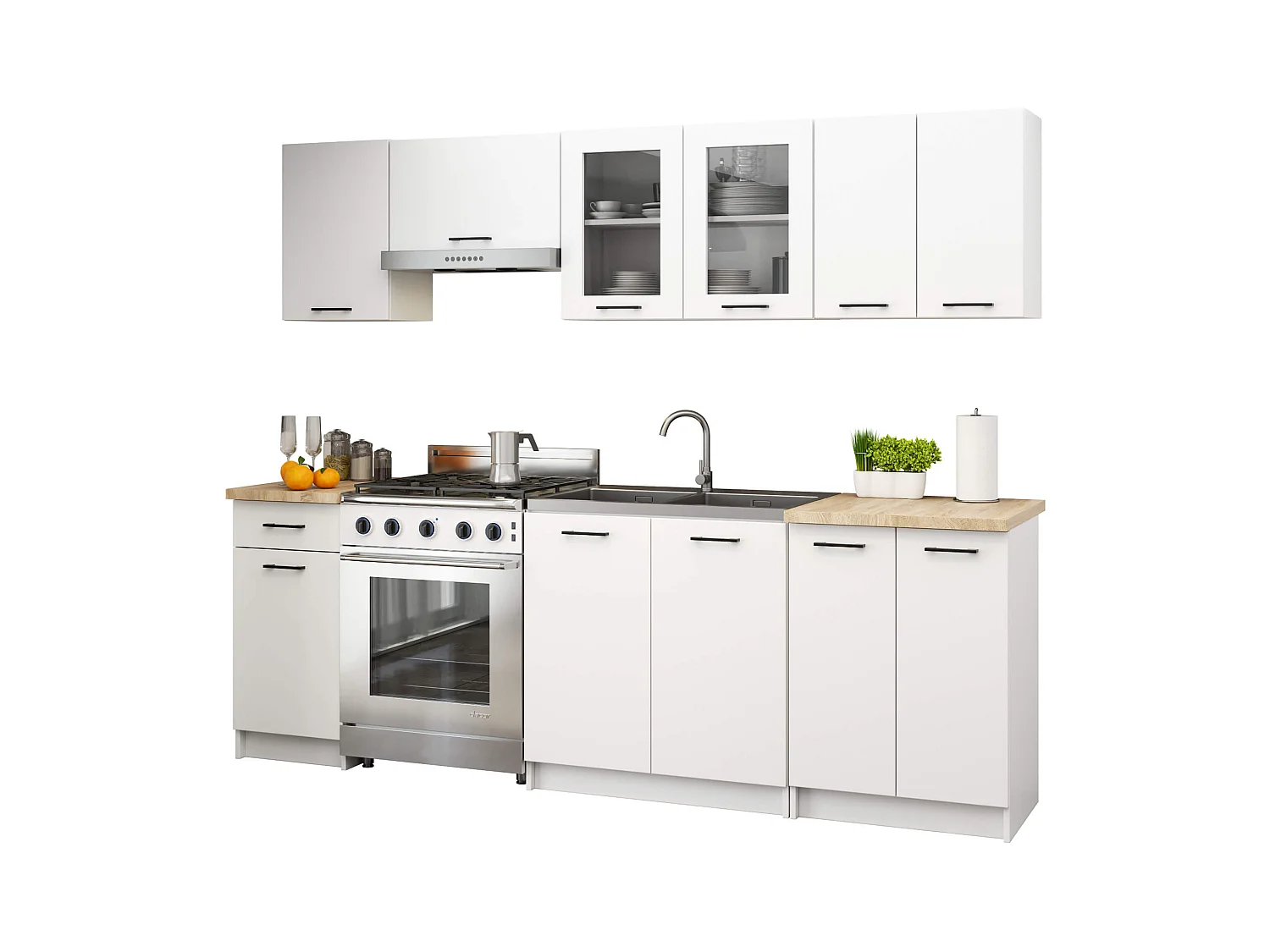 Ensemble de cuisine vitré AKORD OLIWIA 2.4m Blanche 240 cm 11 portes 1 tiroir 240x46x203 cm