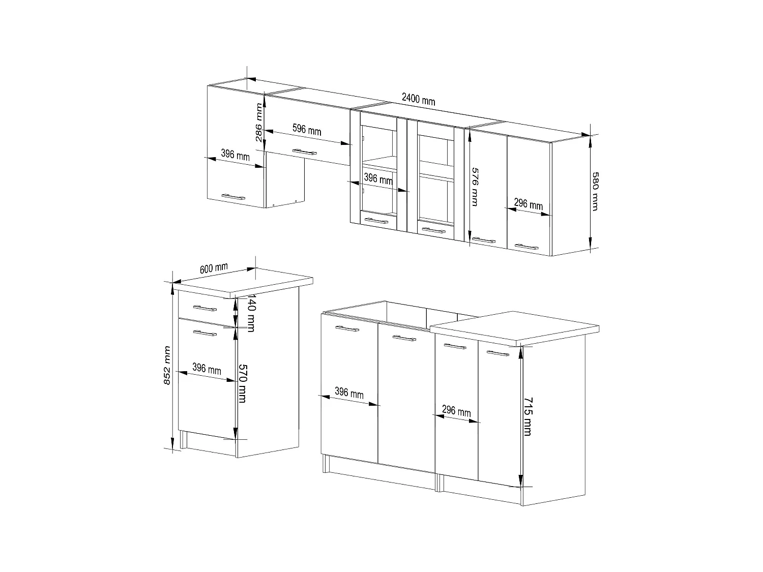 Ensemble de cuisine vitré AKORD OLIWIA 2.4m Blanche 240 cm 11 portes 1 tiroir 240x46x203 cm