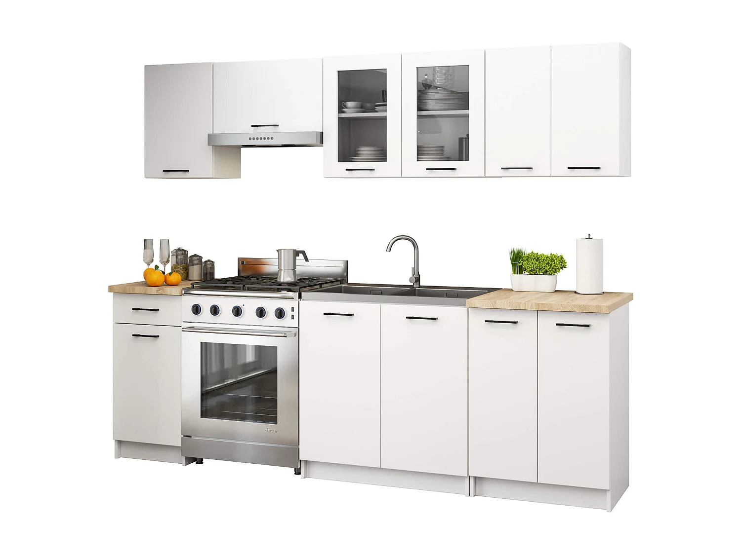 Complete Keuken, Keukenmeubelset OLIWIA met Verkblad 240 cm breed met Vitrinekast / Keukeneenheid zonder apparatuur / Wit / 240 x 203 x 46 cm