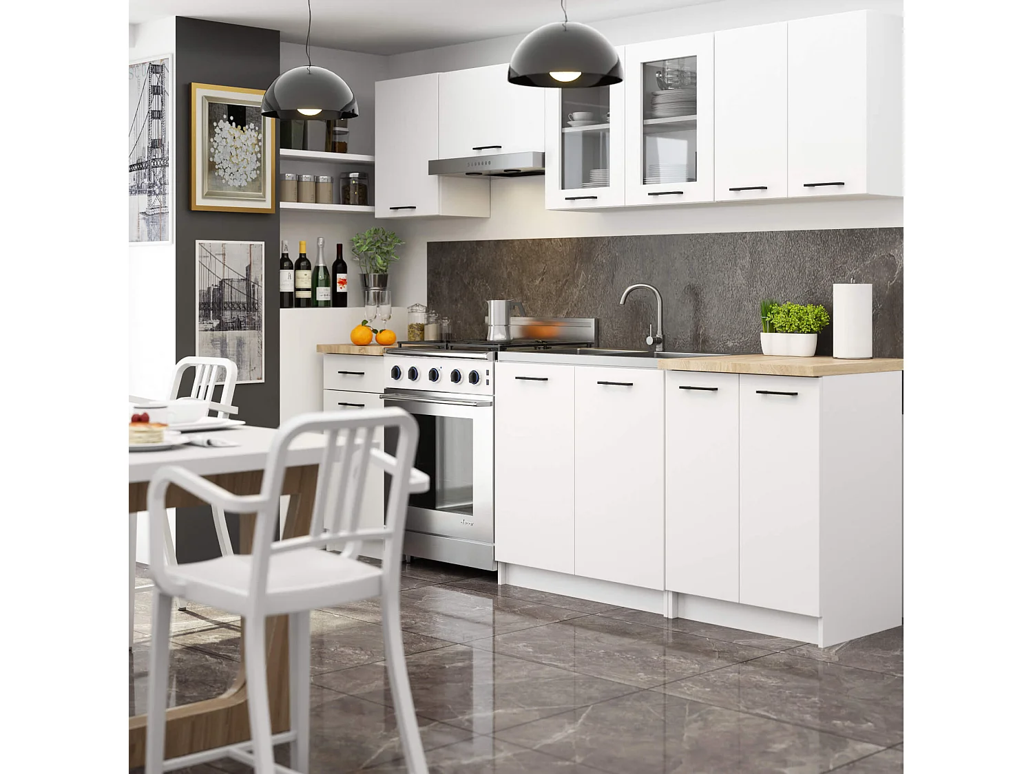 Ensemble de cuisine vitré AKORD OLIWIA 2.4m Blanche 240 cm 11 portes 1 tiroir 240x46x203 cm