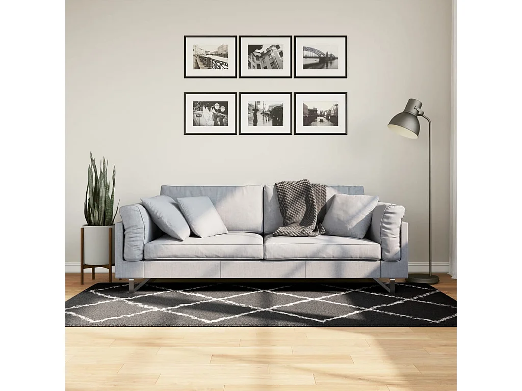 Vito  Tapis shaggy à poils longs moderne noir et crème 100x200 cm