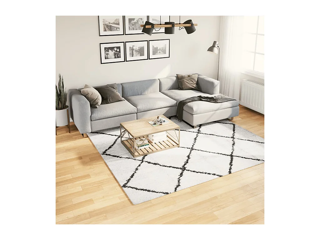 Vito  Tapis shaggy à poils longs moderne crème et noir 240x240 cm