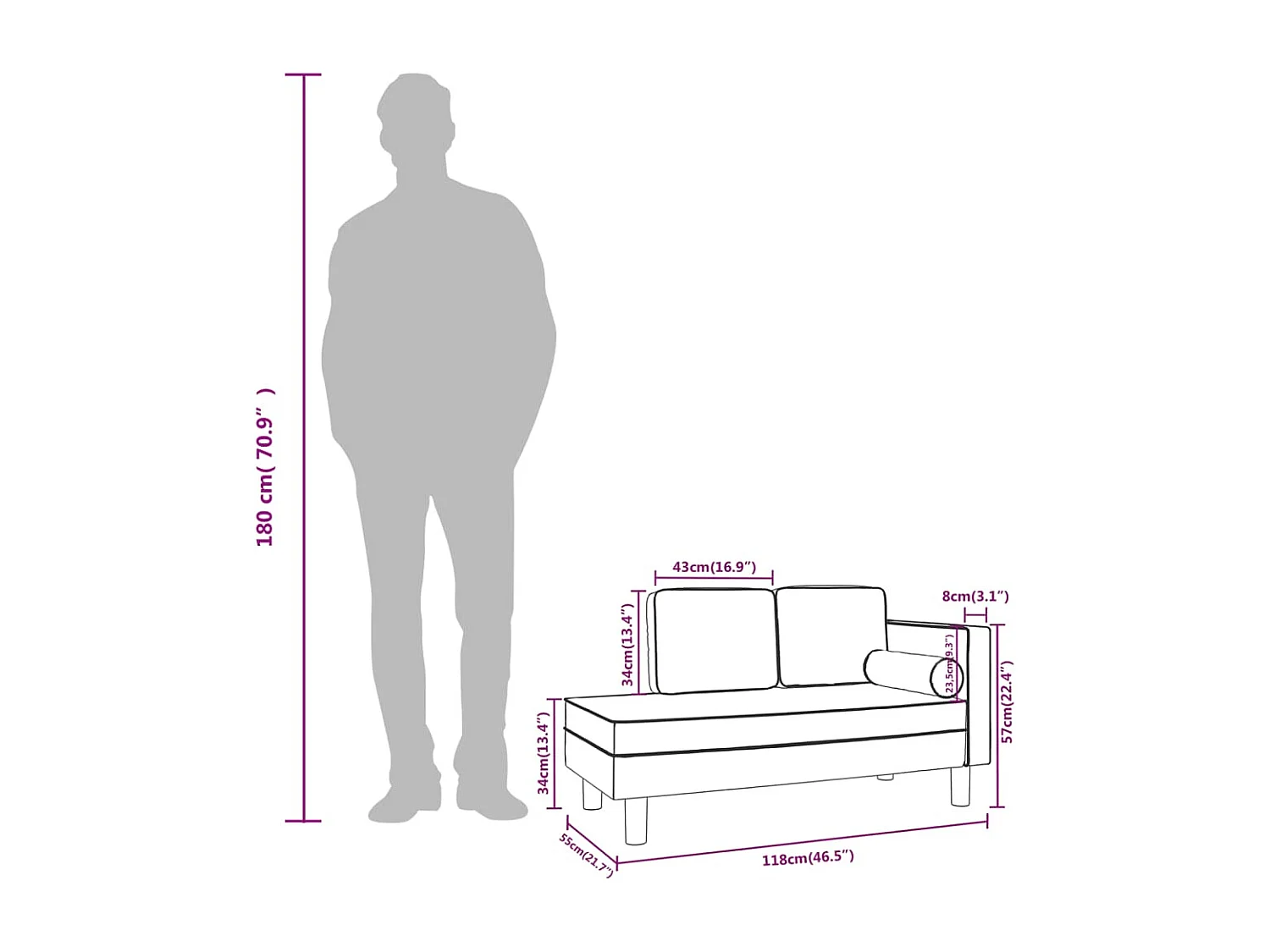 Wylrik  Chaise longue avec coussins et traversin cappuccino similicuir