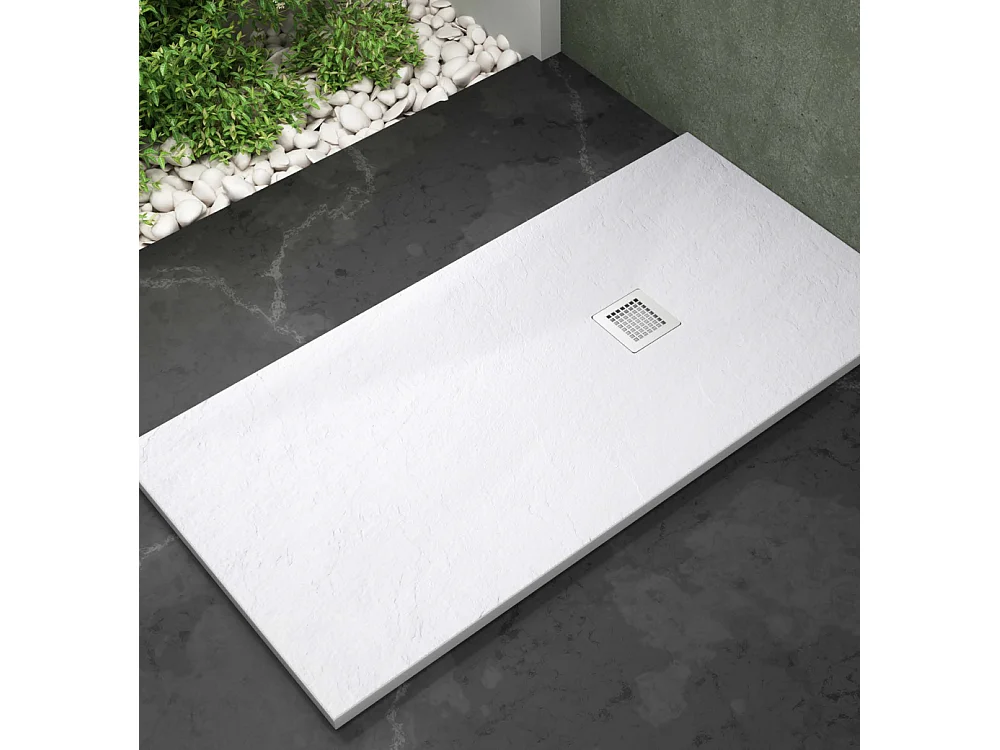 Extraplatte Antislip Resin Douchebak | Afvoerknop en Rooster | Zachte Leisteen | Wit | 90 X 140cm