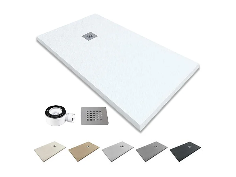 Extraplatte Antislip Resin Douchebak | Afvoerknop en Rooster | Zachte Leisteen | Wit | 75 X 180cm