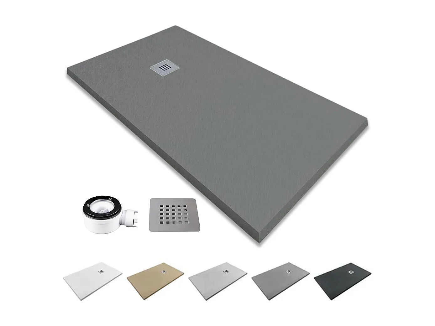 Receveur de douche en résine antidérapant | Inclut une bonde d’évacuation et une grille | Couleur Gris Ciment | 100x80cm