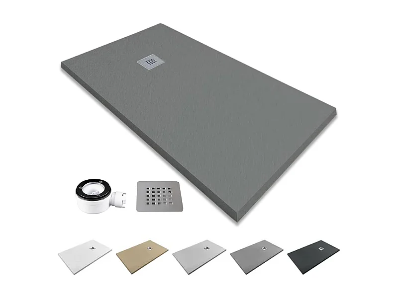 Receveur de douche en résine antidérapant | Inclut une bonde d’évacuation et une grille | Couleur Gris Ciment | 100x100cm