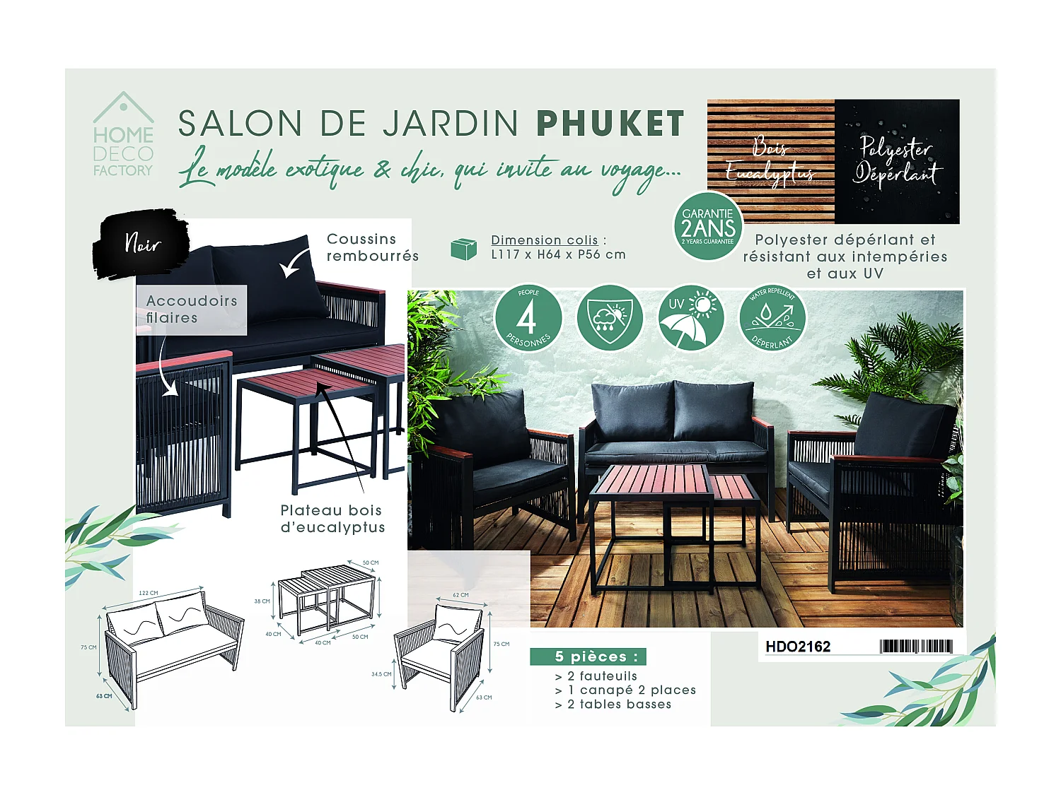 Salon de Jardin 5 Pièces "Phuket" 122cm Noir