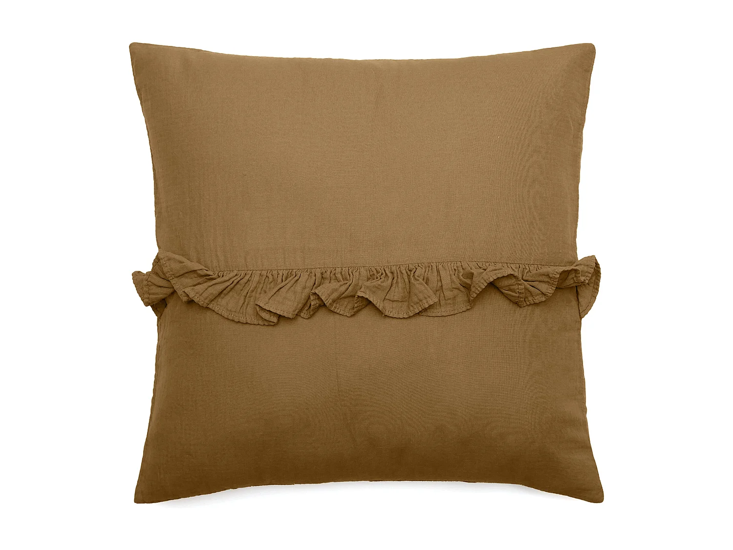 Housse de coussin en mousseline de coton volant central 45x45 cm cm ELZA marron foin
