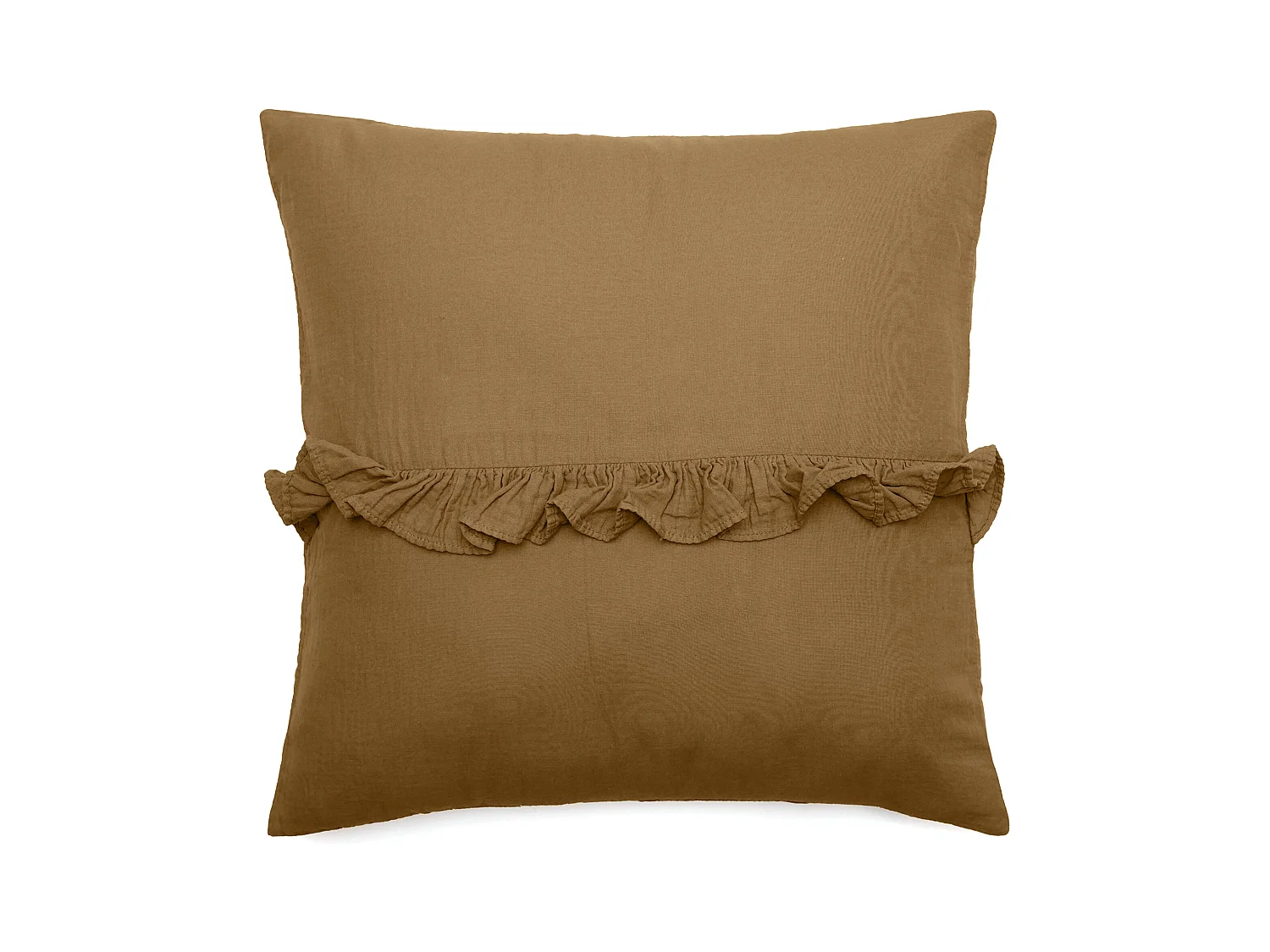 Housse de coussin en mousseline de coton volant central 45x45 cm cm ELZA marron foin
