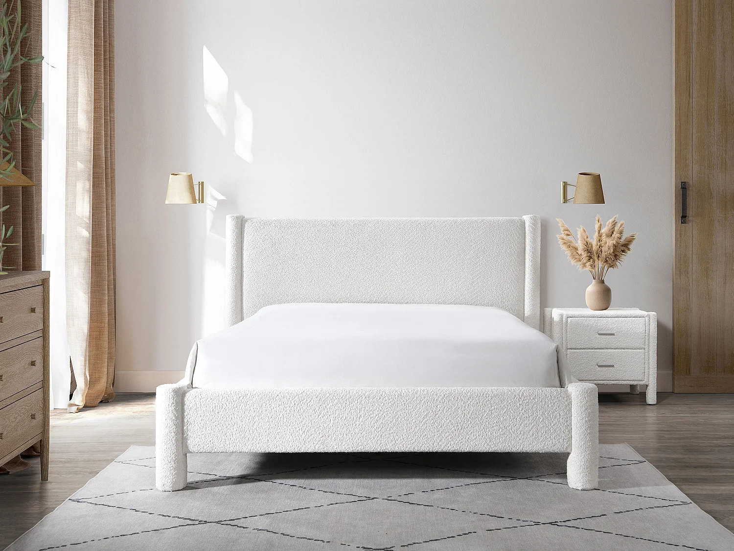 Lit 160 x 200 cm - Tissu bouclette - Blanc + Matelas - CONOMO