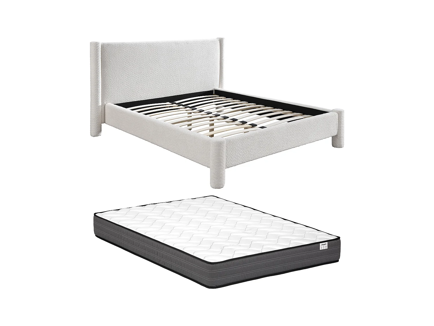 Lit 160 x 200 cm - Tissu bouclette - Blanc + Matelas - CONOMO