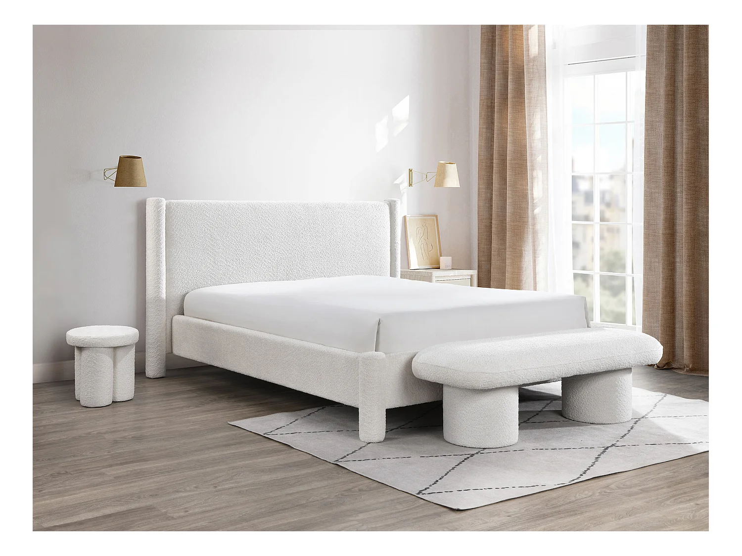 Lit 160 x 200 cm - Tissu bouclette - Blanc + Matelas - CONOMO