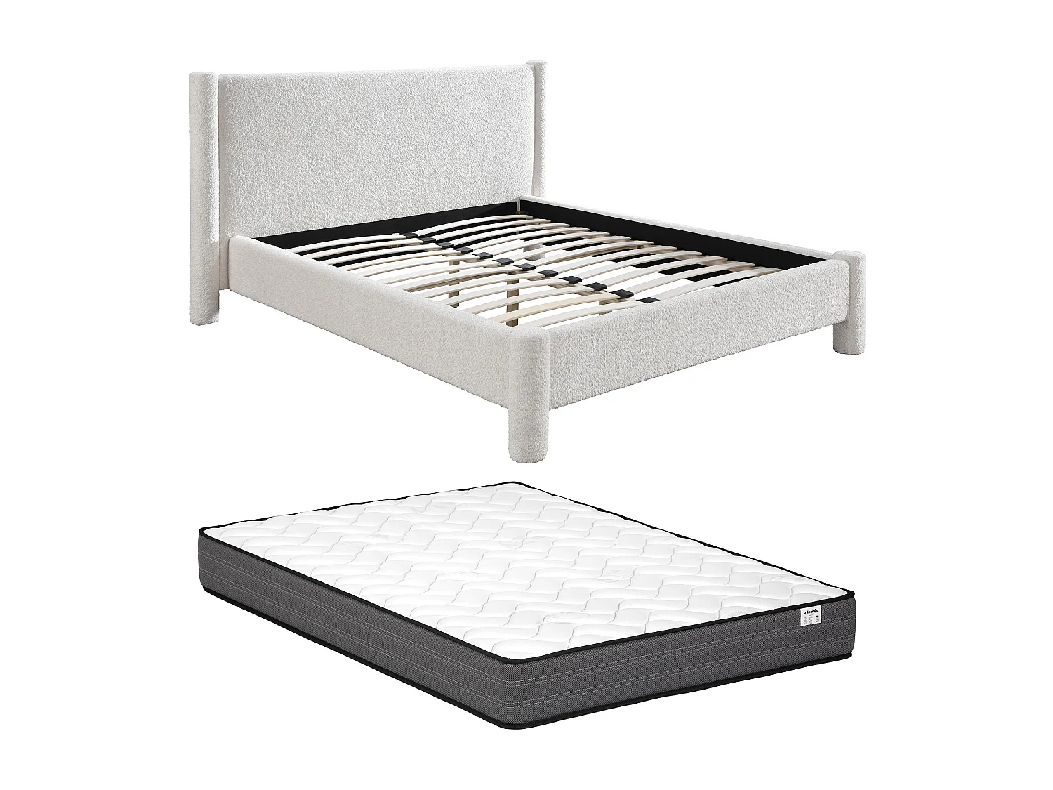 Bed 180 x 200 cm - Boucléstof - Wit + matras - CONOMO