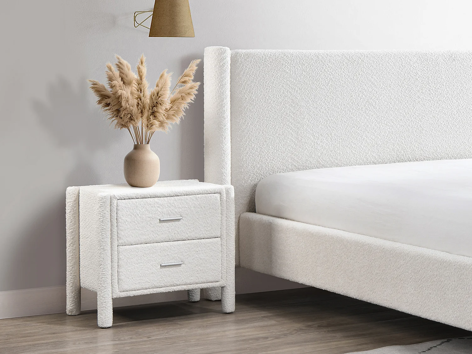 Lot de 2 tables de chevet avec 2 tiroirs - Tissu bouclette - Blanc - CONOMO