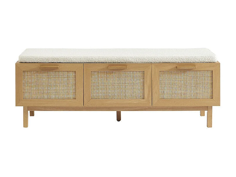 June - Banc d'entrée avec rangement à chaussures en bois et cannage L140cm - Bois clair