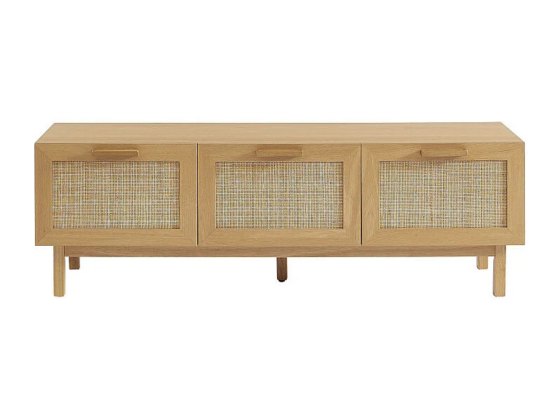 June - Banc d'entrée avec rangement à chaussures en bois et cannage L140cm - Bois clair