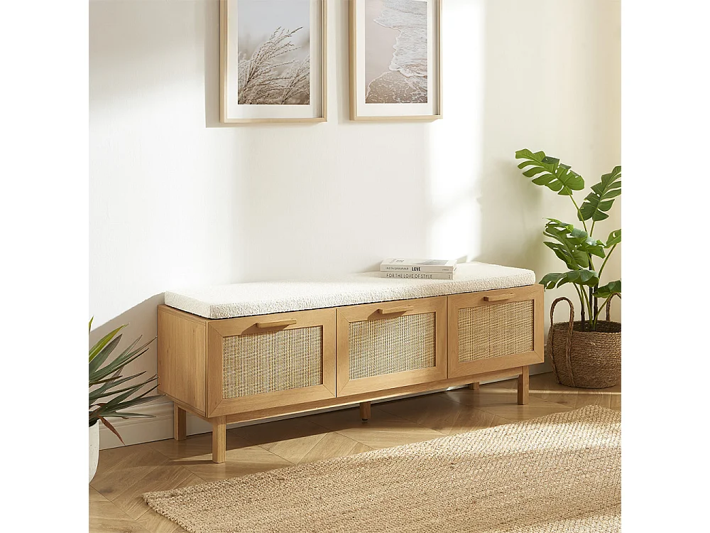 June - Banc d'entrée avec rangement à chaussures en bois et cannage L140cm - Bois clair