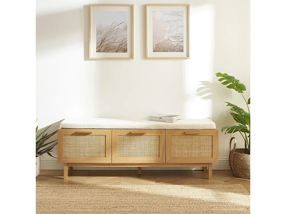 June - Banc d'entrée avec rangement à chaussures en bois et cannage L140cm - Bois clair