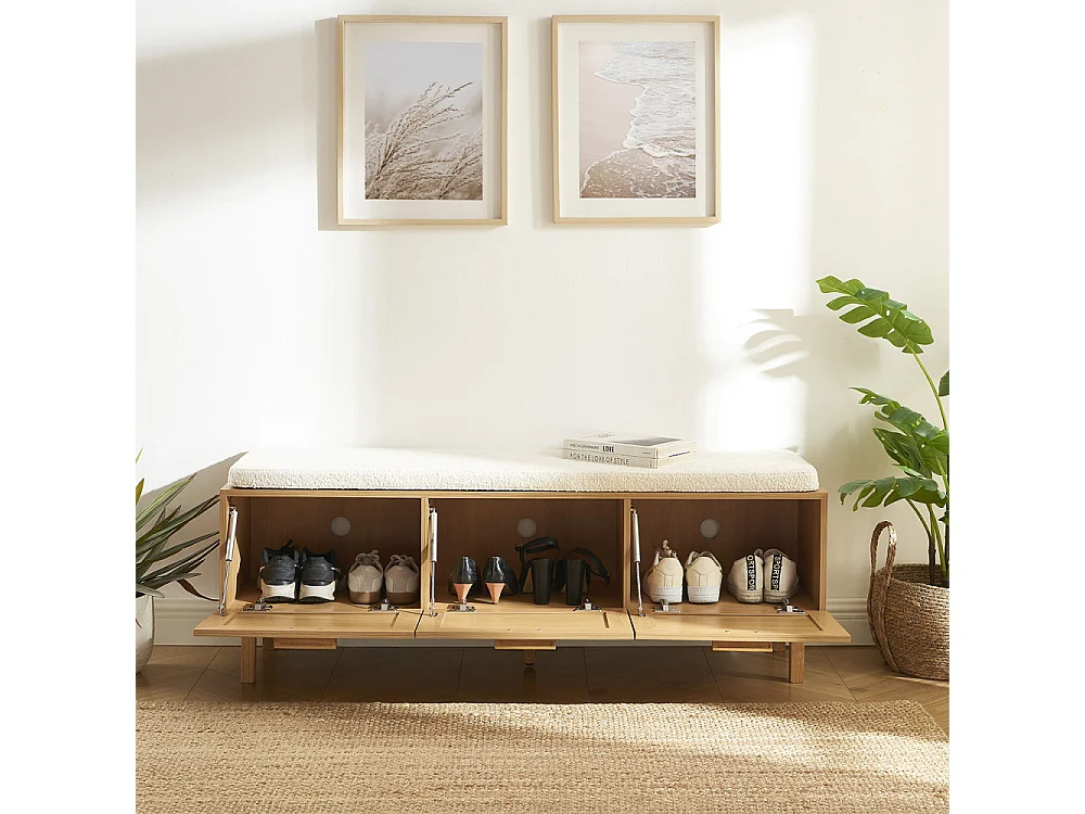 June - Banc d'entrée avec rangement à chaussures en bois et cannage L140cm - Bois clair