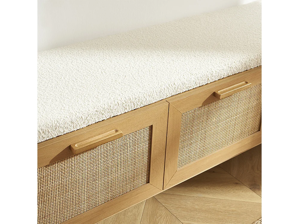 June - Banc d'entrée avec rangement à chaussures en bois et cannage L140cm - Bois clair