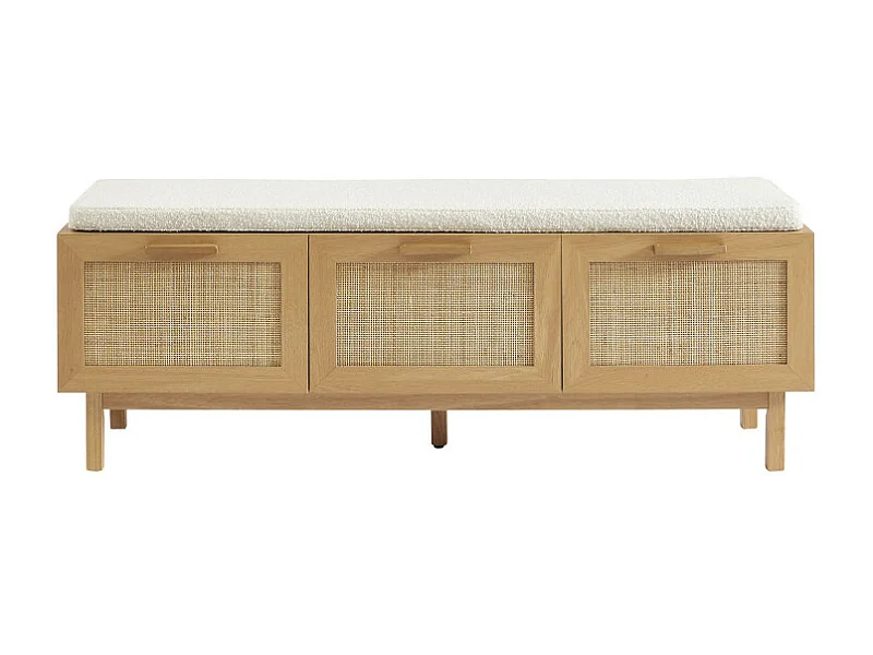 June - Banc d'entrée avec rangement à chaussures en bois et cannage L140cm - Bois clair