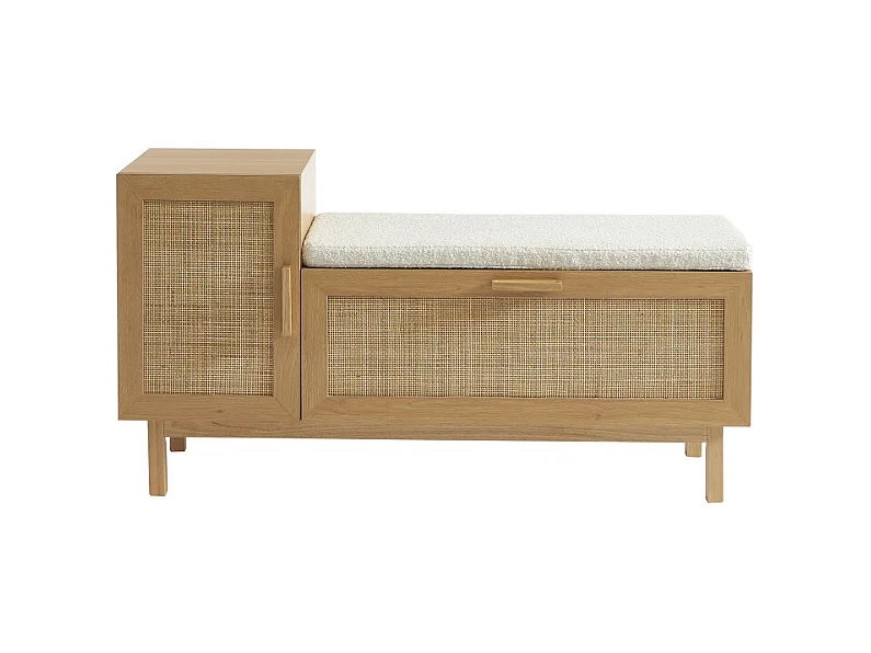 June - Banc d'entrée avec rangement à chaussures en bois et cannage L120cm - Bois clair